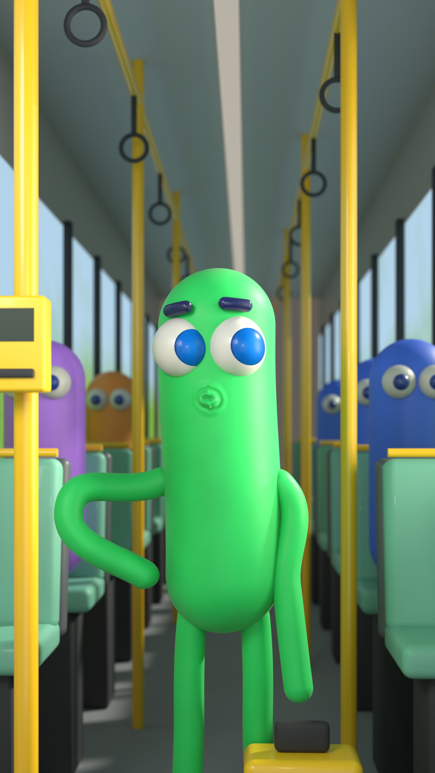 Nobody standing in the aisle of a bus, one arm on its hip, looking cool