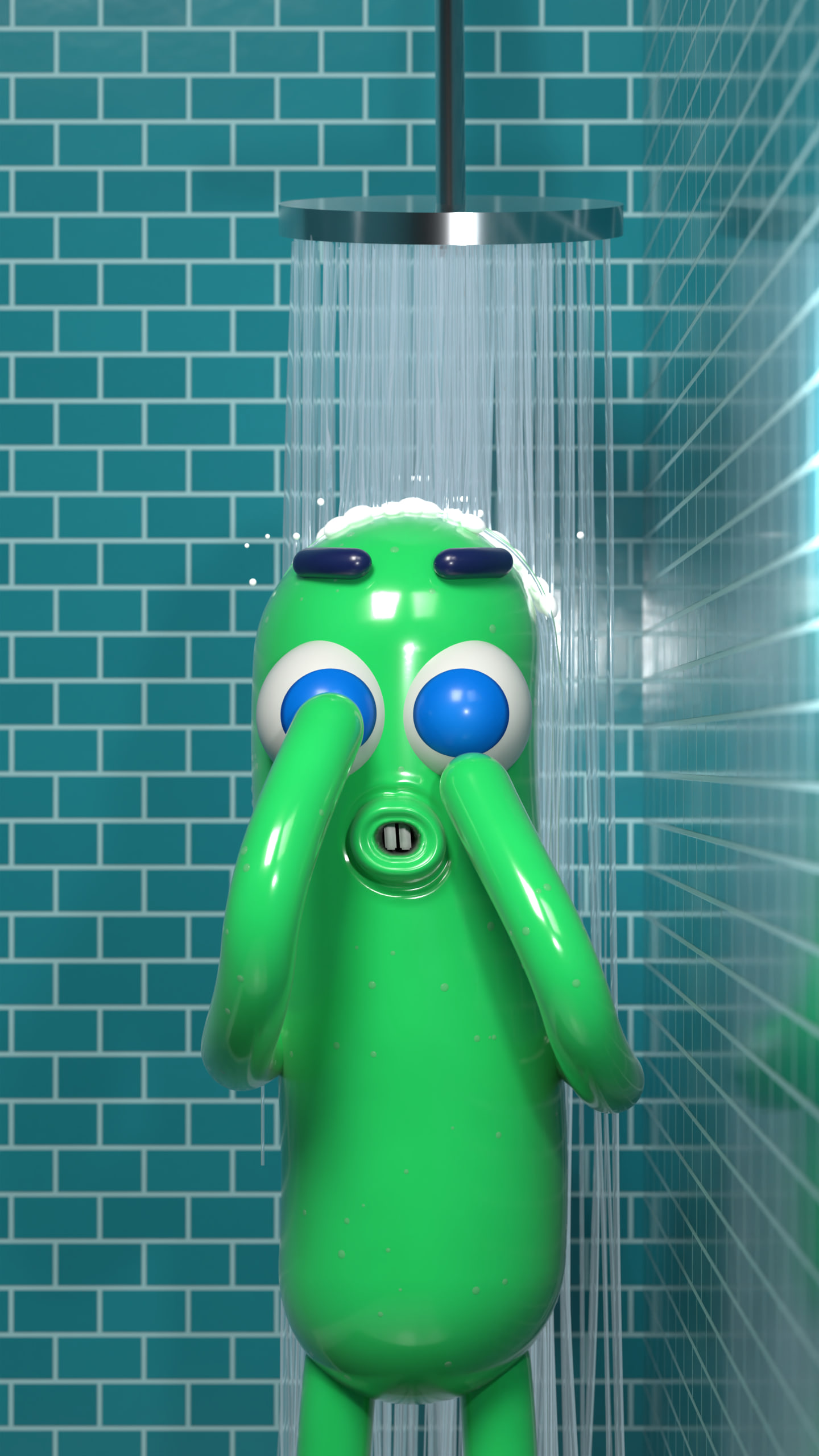 Nobody singing in the shower, eyes wide, in front of a wall of teal tiles